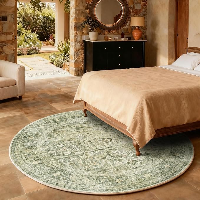 4ft Washable Round Rugs for Bedroom: Circle Living Room Rug Boho Vintage Non Slip Low Pile Soft Faux Wool Non Shedding Small Carpet Rug for Kitchen Entryway Bathroom Bedside Home Office Dorm Kids Room