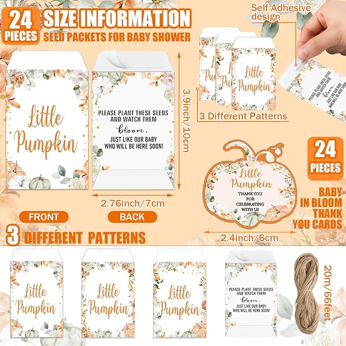Reallnaive Little Pumpkin Baby Shower Party Decorations Set Include 24 Mini Terracotta Pots Seed Packets 24 Self Adhesive Envelopes Pumpkin Shape Tags Gifts for Fall Autumn Thanksgiving Baby Shower