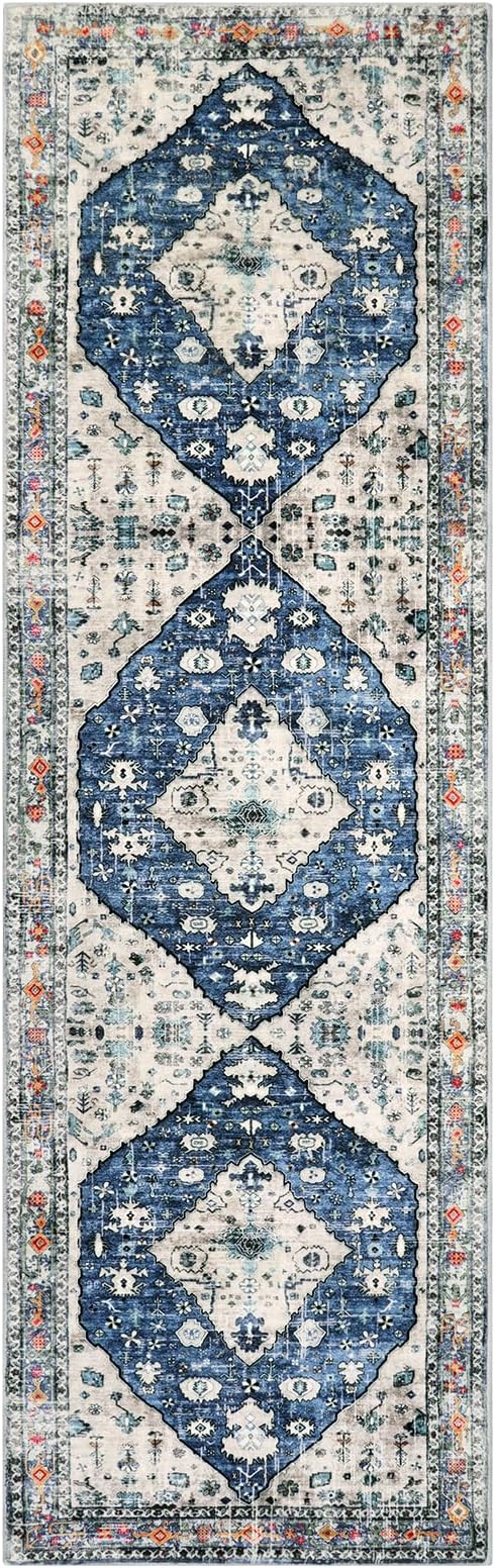 Lahome Felice Boho Tribal Runner Rug - 2x8 Blue Washable Runners for Hallways Bathroom Rug, Oriental Soft Non Slip Low Pile Pet Friendly Kitchen Mat Carpet Runner for Apartment Bar Hall Front Door