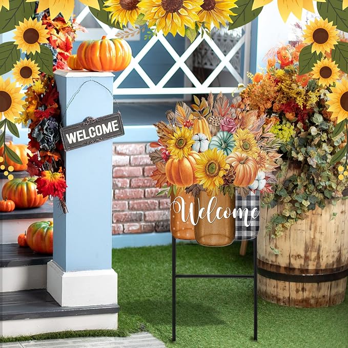 Amyhill Fall Outdoor Decor Metal Garden Stakes 25 Inch Autumn Welcome Yard Signs Fall Decorations Outdoor Pumpkin Decorative Garden Stakes Decorations Thanksgiving Autumn Harvest Patio Lawn Walkway