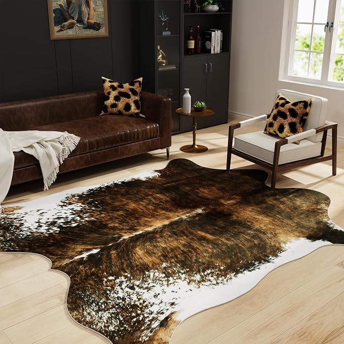 BENRON Faux Cowhide Rug, Cow Print Rug for Living Room Bedroom 5.2x6.2ft | Western cow hide rug for Cowboy Cowgirl Home Decor, Washable Rugs with Irregular Animal Skins and Hides Non Slip, Olive Green
