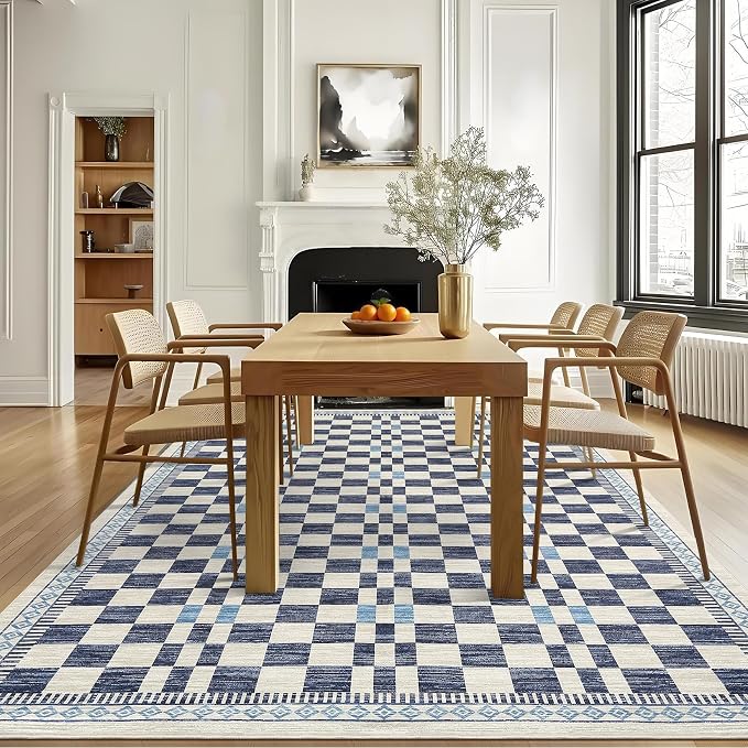 GarveeHome 3x5 Small Rug for Bedroom Machine Washable Blue Checkered Rug | Non-Slip Low Pile Modern Abstract Checkered Accent Mat for Porch Contemporary Premium Soft Area Rug for Living Room Dining