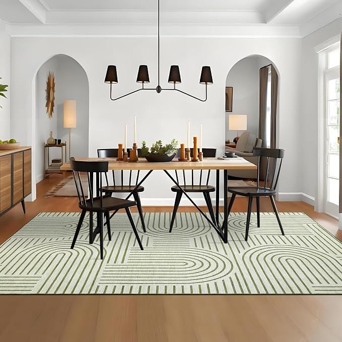 ROYHOME Modern Washable Rug 4x6 Area Rugs for Living Room Non Slip, Green | Abstract Rug for Bedroom, Rainbow Throw Rugs with Rubber Back, Low Pile Stain Resistant Geometric Carpet for Playroom Dorm
