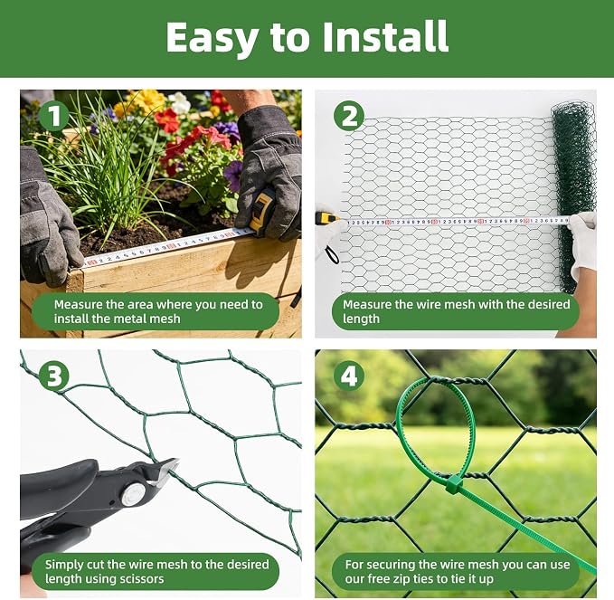 Chicken Wire for Floral Arrangements - Hexagonal Galvanized PVC Coated Poultry Wire Mesh Netting with Gloves, Wire Cutter & Zip Ties for Crafts, Poultry, Gardening Fence (15.7 x 196 lnches)