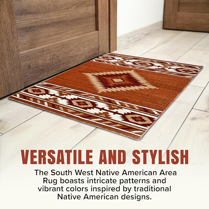 YHSF Southwestern Area Rug - Anti Static & Washable - Rust, 2 ft x 3 ft | Soft Native American Tribal Floor Rugs for Living Room, Bedroom, Hallways, and More - Easy-to-Clean Home Decors