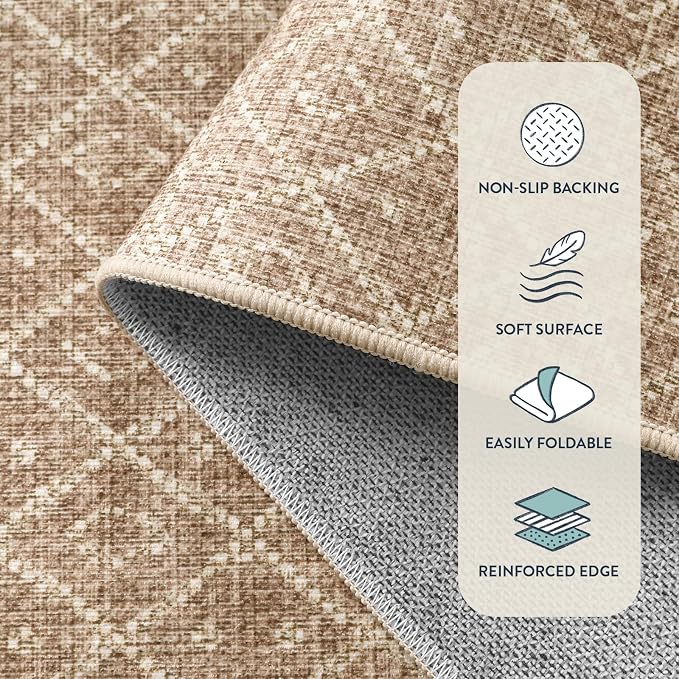 Lahome Farmhouse Washable 5x7 Area Rug for Bedroom, Non-Slip, Beige/Brown | Boho Textured Neutral, Ultra-Thin, Low-Pile, Geometric, Modern, Moroccan, Bedroom Dining Room Living Room Nursery