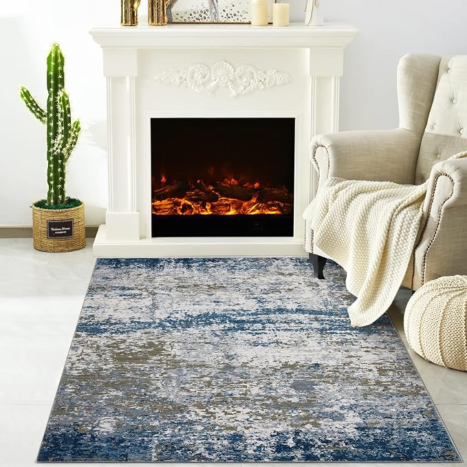 ROYHOME Modern Abstract 2x3 Area Rug Non Slip, Navy | Non Shedding Low Pile Stain Resistant Rug for Entryway Kitchen Bedroom