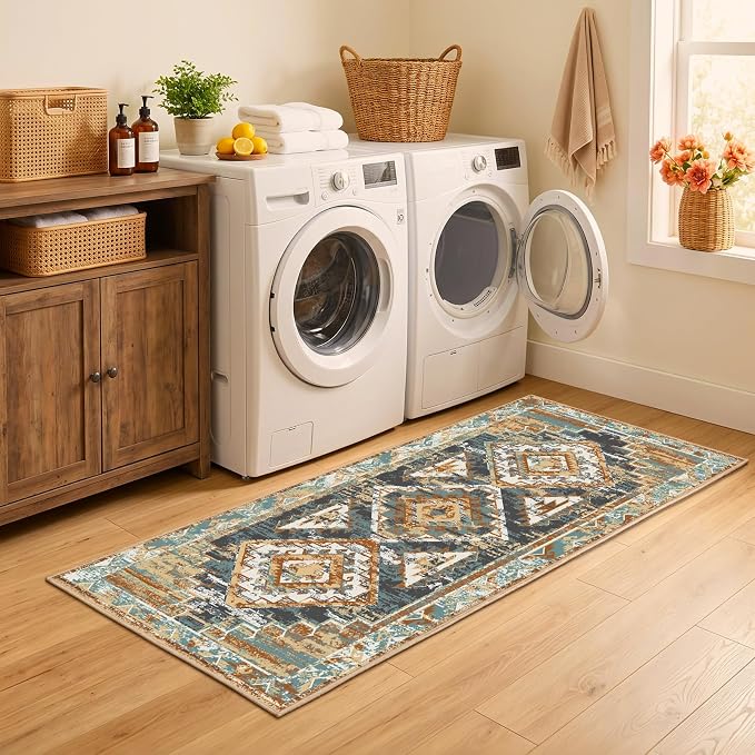 Washable 2x6 Runner Rug, Rustic Farmhouse Low-Pile Non-Slip Carpet, Stain Resistant Vintage Southwestern Rug for Kitchen Hallway Bathroom Bedroom Beside Laundry Room RV Interior, Blue Rust Ivory