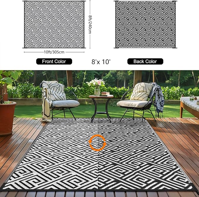 Outdoor Patio Plastic Straw Rug - 8x10 ft Outdoor Camping Rug Waterproof Reversible, Area Carpet Patios RV, Outside Porch Balcony Deck for Camper, Stripe White Black