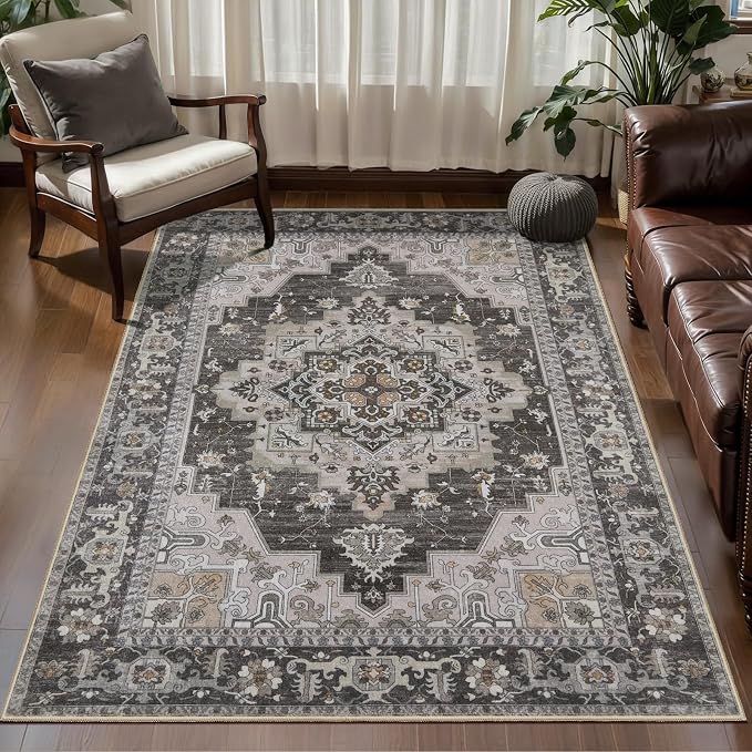Tangsoo Vintage 3x5 Washable Rugs, Non Slip Accent Rugs for Entryway Grey | Oriental Print Indoor Carpet, Boho Soft Low Pile Farmhouse 3x5 Area Rug for Living Room Bedroom Bedside Entrance Home Decor