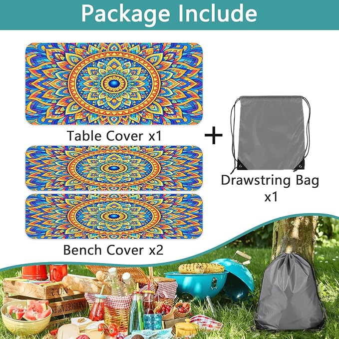 Fitted Picnic Table Cover with Bench Covers,Blue Bohemian Waterproof Elastic Edges Rectangle Patio Tablecloth Outdoor Camping Essentials Stuff Rv Accessories Summer Travel Trip Camper Gifts