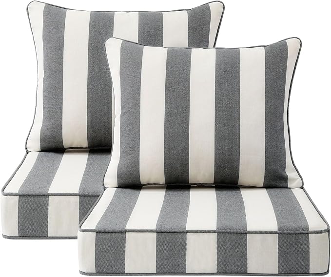 Unimatta Outdoor Patio Chair Cushions Set, 24" x 24", Set of 2, Water-Repellent, Fade Resistant, Deep Seat Bottom and Back Cushion for Backyard, Couch, Sofa and Patio Furniture, Gray Stripe