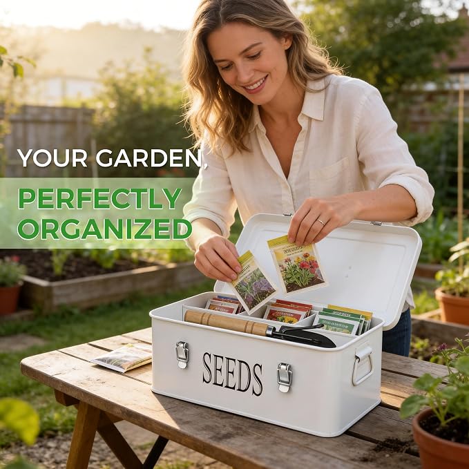 Premium Seed Organizer Box with Internal Compartments and Divider Tabs. (White)