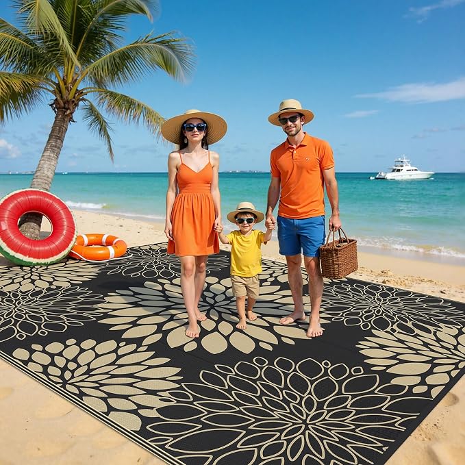 Ileading Waterproof Outdoor Rug 8x10, Reversible Plastic Straw Patio Rug, Portable Indoor Outdoor RV Camping Mat Carpet for Deck, Porch, Balcony, Backyard, Picnic, Floral Black