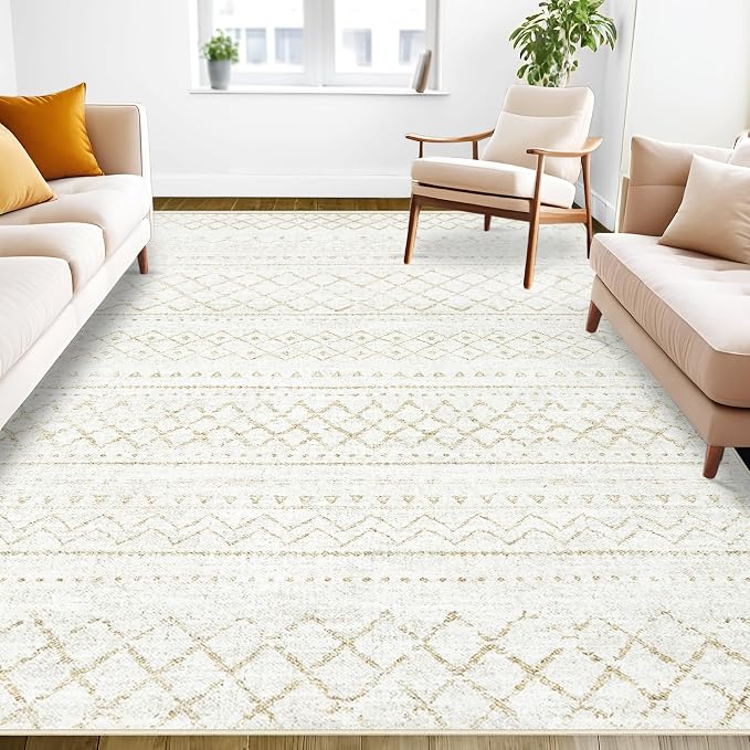 Area Rug Living Room Rugs 5x7 - Large Soft Boho Geometric Rugs, Non-Slip Foldable Washable Area Rug Non Shedding Morden Indoor Floor Carpet for Living Bedroom Office Dining Room (Beige,5' x 7')
