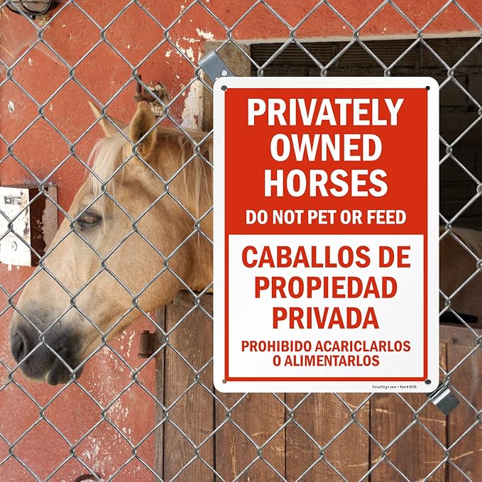 SmartSign 14 x 10 inch “Privately Owned Horses - Do Not Pet Or Feed” Bilingual Metal Sign, 40 mil Laminated Rustproof Aluminum, Red and White, Made in USA