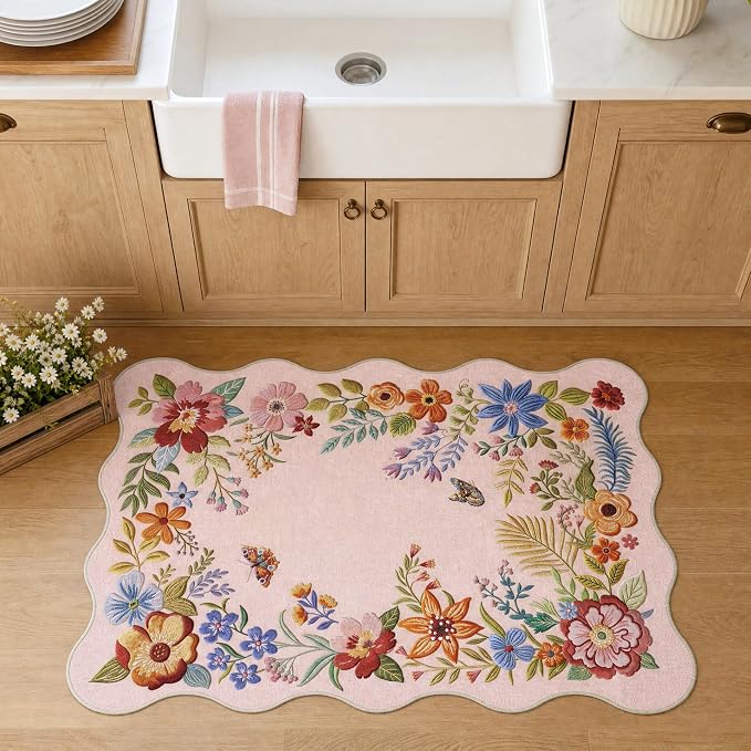 FMFUNCTEX 2x3 Washable Floral Vintage Scalloped Boho Flower Entryway Rug | Soft Colorful Traditional Door Mat Non Slip Low Pile Indoor Small Throw Rugs Entry Way Entrance Kitchen Laundry Doorway