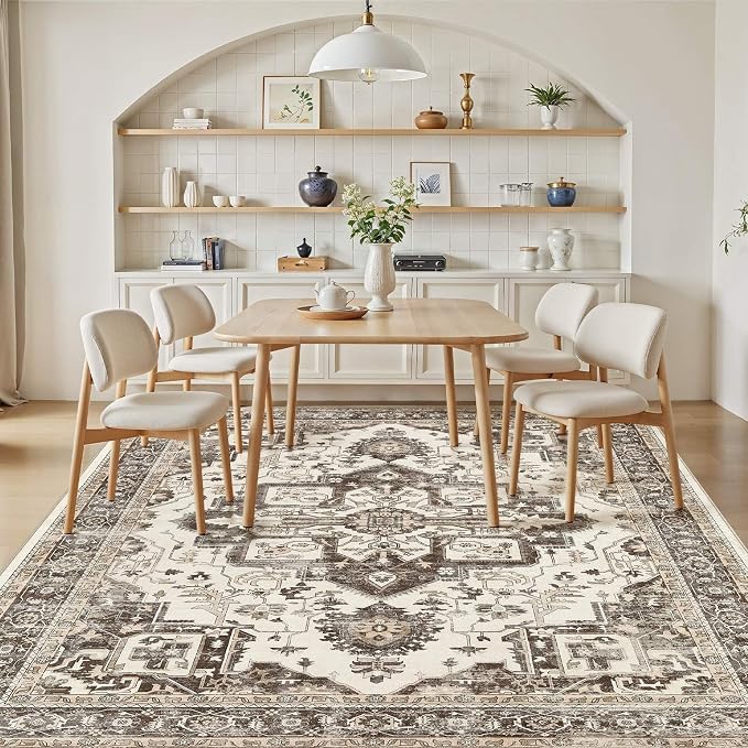Vintage Washable 9x12 Area Rug for Living Room, Dark Brown | Soft Low Pile Rug with Non-Slip Backing, Stain Resistant for Bedroom or Dining Room, Kid & Pet Friendly
