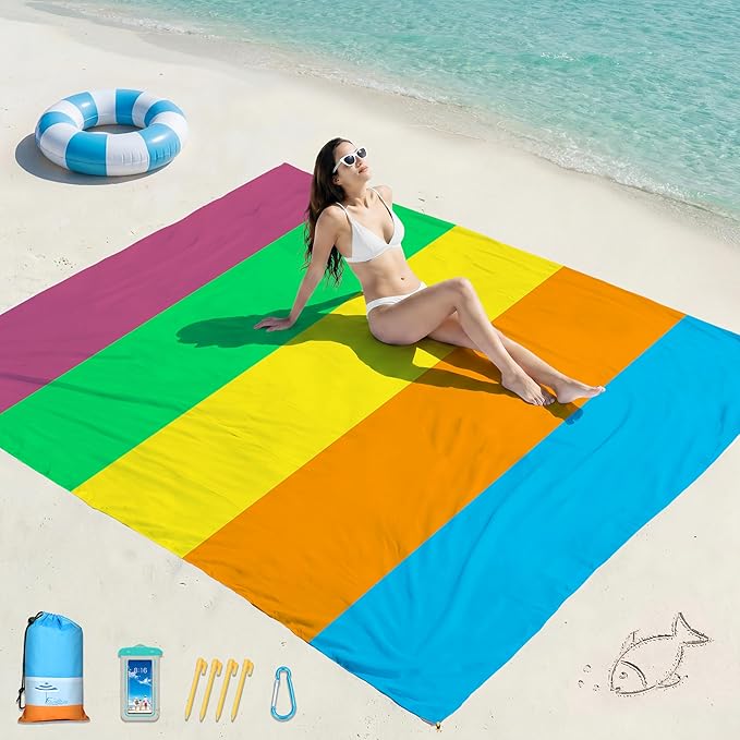 Famstar Beach Blanket Oversized Extra Large 78"X81"/10'X9',Waterproof Sandproof Beach Blanket 2-8 Adults Lightweight Durable for Travel Camping Hiking Picnic