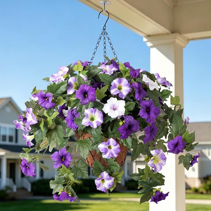 Ammyoo Artificial Hanging Fake Flowers with Basket Plants for Outdoor Decoration, Faux Silk Flower UV Resistant Morning Glory for Home Porch Patio Garden Balcony Yard Look Real (Purple White)