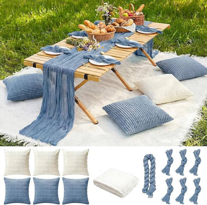 91 x 71 Extra Large Outdoor Boho White Picnic Blanket with Blue Table Runner, 6 Napkins and 6 Throw Pillow Covers Table Decor for Beach Picnic Camp Wedding Party Birthday Baby Shower