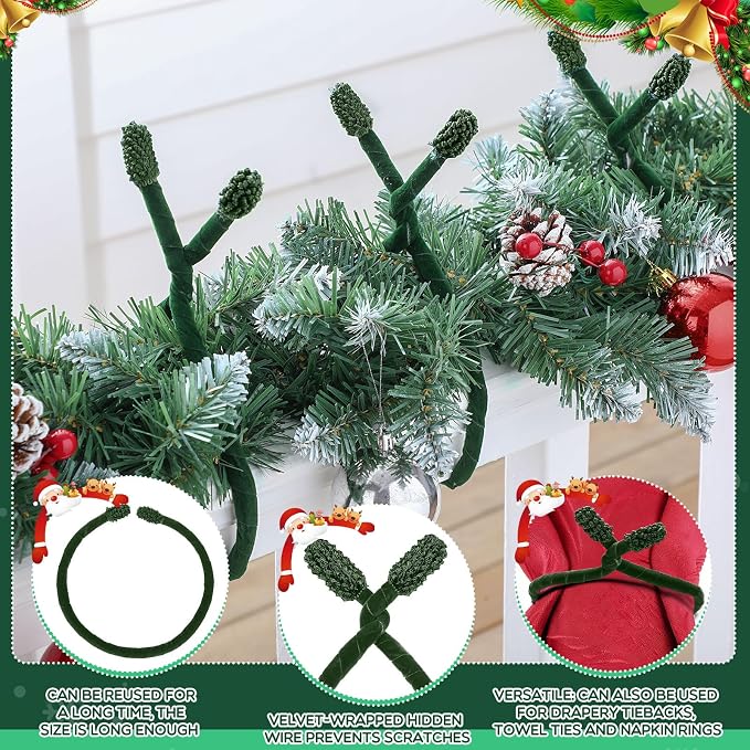 Zhengmy 16 Pcs 25 Inches Christmas Velvet Garland Ties Christmas Decorative Twist Ties for Banister Reusable and Flexible Twist for Xmas Home Decorations Holiday Craft Wrapping(Olive)