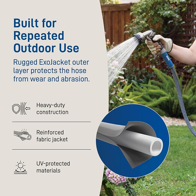 Orbit ExoJacket Fabric Garden Hose - 100 ft x 5/8 in - Heavy-Duty Fabric - Durable ExoJacket Construction - Antikink Technology for Constant Water Flow - Lightweight Professional-Grade Hose - 33180