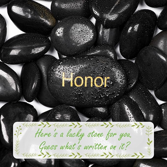 20 lbs Polished Black River Rocks, Natural Decorative Stones for Indoor Plants, Vases & Fish Tank, Includes 1 Engraved Inspirational Rock, 1-2 Inch Decorative Pebbles for Garden Landscaping