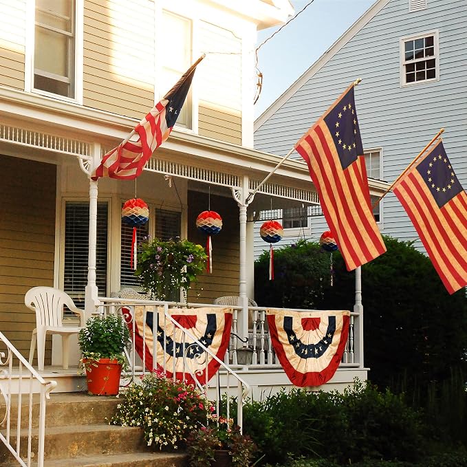 48x25 Inch Tea Stained Antique US American Flag Bunting Half Fan Fully Pleated Banners