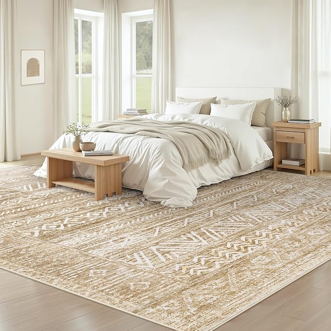 Living Room Rugs 8x10: Washable Moroccan Geometric Boho Rug Farmhouse Non Slip Stain Resistant Large Rug Low Pile Soft Carpet for Bedroom Dining Room Kids Room (Light Brown,8'x10')