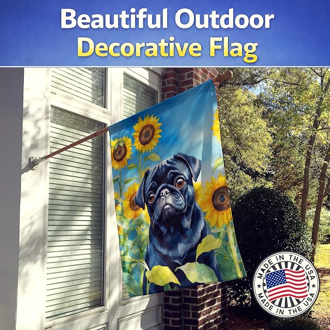 Caroline's Treasures DAC6144CHF Pug in Sunflowers House Flag Large Porch Sleeve Pole Decorative Outside Yard Banner Artwork Wall Hanging, Polyester, House Size, Multicolor
