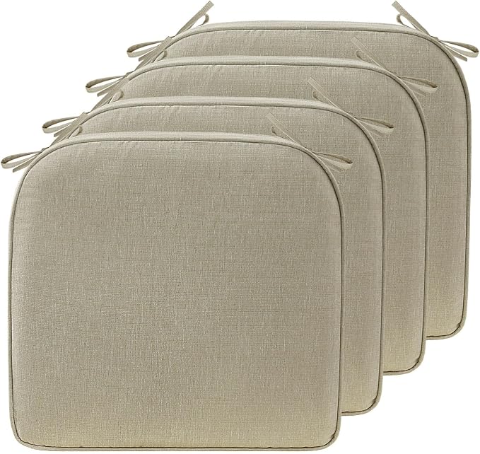 17 x 16 Inch Outdoor Chair Cushions with Tie Straps, Set of 4 Thick Water Repellent Round Patio Chair Pads for Garden Lawn Patio Furniture, Linenweave Tan