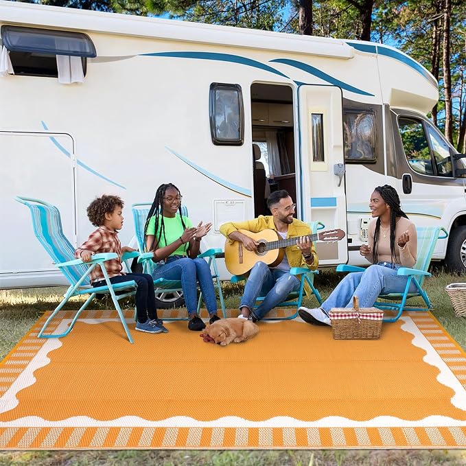 Garvee Large Waterproof Outdoor Rug 9x18 Outdoor Patio Rug, Modern Scalloped Reversible Plastic Straw Camping Rugs, Bordered Outside Carpet for Picnic Backyard Deck Balcony Trailer, Orange