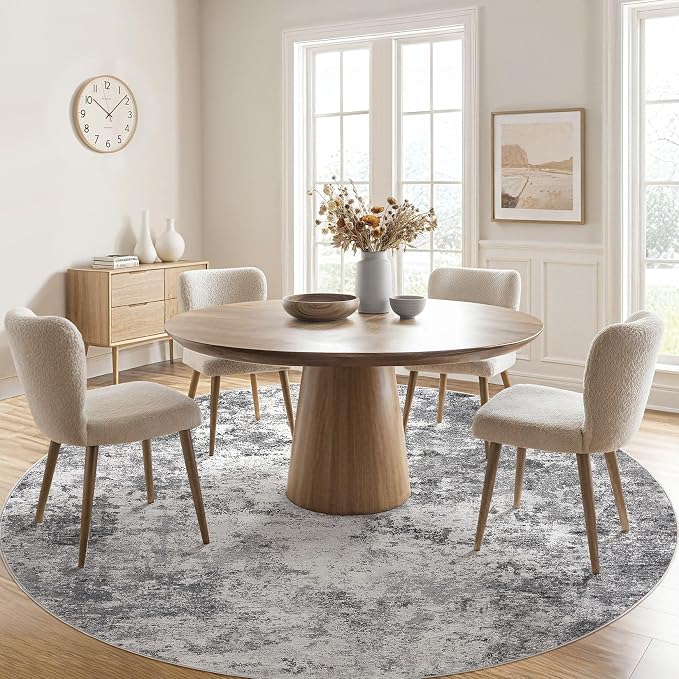 UERMEI 8ft Round Area Rug Living Room Rugs - 8x8 Washable Neutral Modern Abstract Soft Thin Rug Indoor Floor No Slip Rug Carpet for Bedroom Under Dining Table Home Office Decor - Grey