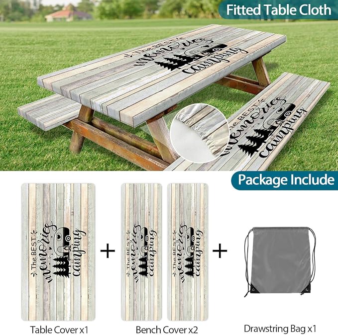 Picnic Table Cover with Bench Covers and Bag, Outdoor Camping Camper RV Wood Waterproof Windproof Tablecloth with Elastic Edges, Camping Accessories RV Gear Campers 96x30 Inches 3 Pcs Set