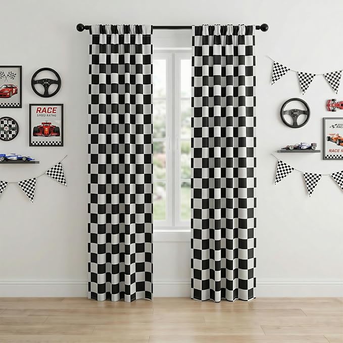 Rod Pocket & Back Tab Checkered Curtains, 100% Blackout, Race car Flag Checkerboard Curtains, Thermal Insulated, Noise Reducing, 3-inch Checkered, 2 Panels, Each W26×L84