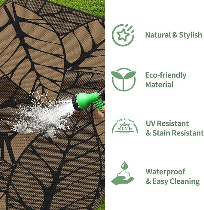 GENIMO Outdoor Rug 6' x 9' Waterproof for Patio Clearance, Reversible Plastic Straw Camping Carpet, Lightweight Mat for Rv, Camper, Deck, Porch, Picnic, Balcony, Beach, F.Black & Brown