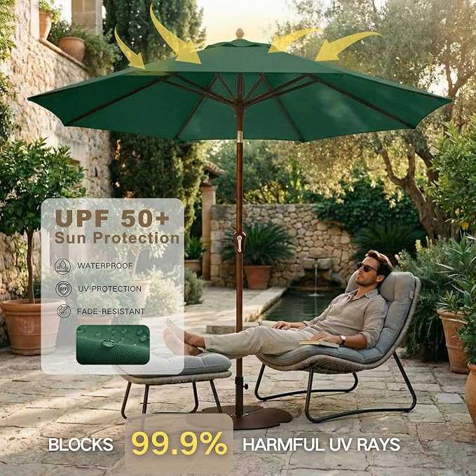 Kingdura 10FT Outdoor Patio Umbrella, Round Market Table Umbrella with Push‑Button Tilt and Crank Lift, 8 Sturdy Metal Ribs, UV50+ Protection Canopy for Backyard, Lawn, Deck, Poolside, Garden (Dark green)