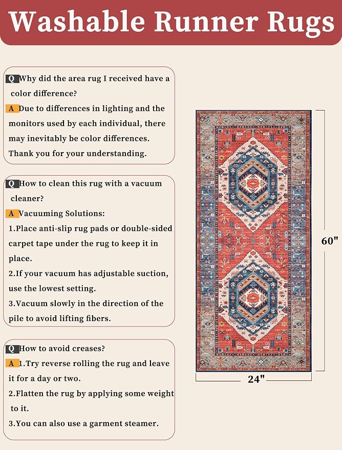 SERISSA 2x5 Washable Non Slip Boho Runner Rug for Hallway，Rust | Ultra Soft Vintage Oriental Carpet Low-Pile Distressed Tribal Floor Carpet for Kitchen Bedroom Bathroom Laundry Living Room