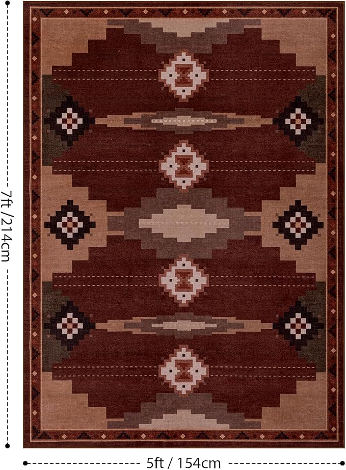 YIHOUSE 5’x7’ Washable Western Red Aztec Area Rug for Living Room | Non-Slip, Soft, Low Pile, Southwestern Retro Navajo Rug for Bedroom Dining Room, Red/Brown
