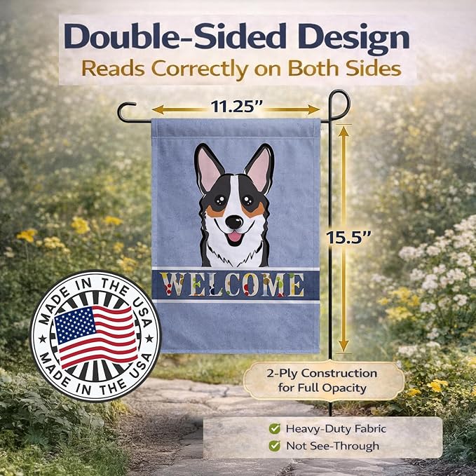 Caroline's Treasures BB1441GF Tricolor Corgi Welcome Garden Flag, Blue Mailbox Flag Decorative Yard Flag Banner Outside Patio Artwork Yard Flower Beds, Garden Size, Multicolor