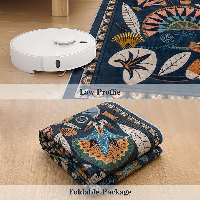 Zealude Egypt Floral Washable 5x7 Area Rug for Living Room, Large Boho Bedroom Dining Room Rugs for Under Table, Vintage Non Slip Soft Throw Carpet for Playroom Office Apartment (Dark Blue, 5 x 7)