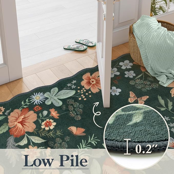 Lahome Floral Green Rugs for Entryway, 2X3 Washable Kitchen Rugs Non Slip | Soft Rug Ultra-Thin Indoor Door Mat Boho Small Throw Carpet for Bathroom Bedroom Flore (2x3ft, Dark Green)