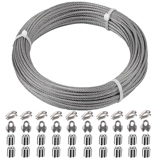 1/8 Inch Stainless Steel Wire Rope Cable Kit,100 ft Length 1/8“ Wire Cable 7x7 Strands with Sleeves, Thimbles, Clips, for Climbing Plants, Deck Railing, Fencing, Outdoor Hanging