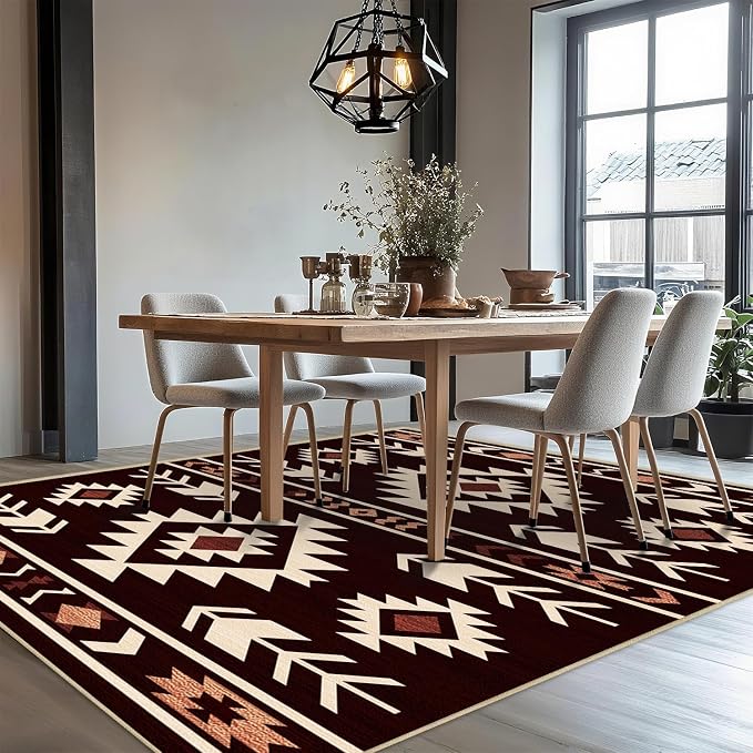 Area Rug 5x7 Western Rug Living Room Southwestern Aztec Tribal Rugs Southwest Navajo Machine Washable Non-Slip Printed Low-Pile Floor Carpet for Bedroom Dining Room Office, Red Brown