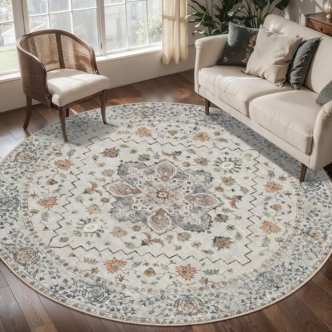 Tangsoo Vintage Round Rug 4ft Washable Circle Rug, Non Slip Small Boho Round Rug, Low Pile Circular Rugs, Round Carpet for Bedroom,Entryway,Nursery,Dorm,Kitchen,Grey