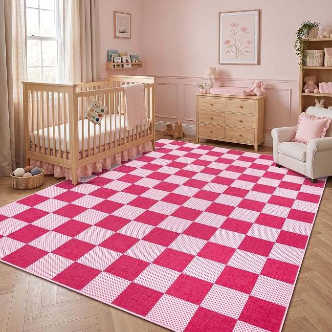 GarveeHome Checkered Hot Pink 3x5 Washable Girls Low-Pile Rug for Bedroom | Non-Slip Geometric Modern Small Hot Pink Soft Stain Resistant Boys Rug for Living Room Bathroom Entryway TPE Backing