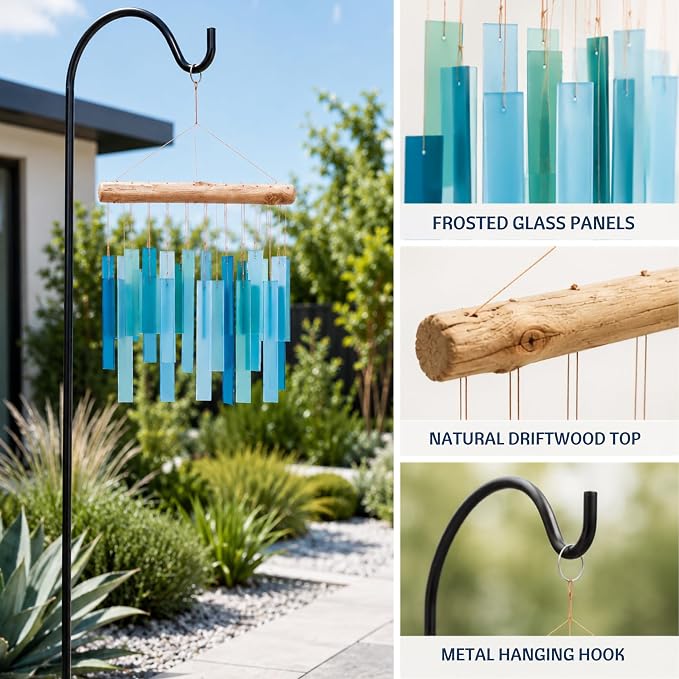 Solange & Frances Glass Wind Chimes for Outside. Handmade Hanging Wind Chimes Coastal Beach Decor, Pool Area Gift Outdoor Decor Gift for Women, Gifts for Mom, Birthday Gifts for Women