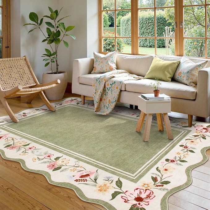 Lahome Floral Scalloped Rug 5x7, Green Rugs for Living Room Ultra-Thin, Vintage Boho Washable Area Rug 5x7 Soft Bedroom Rugs Non-Slip Throw Carpet for Farmhouse Dining Room Playroom Ariele