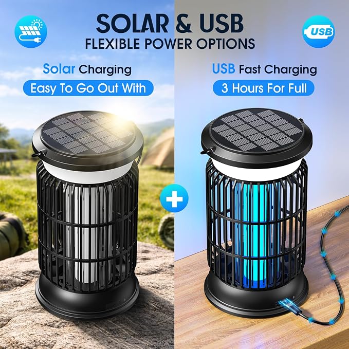 Solar Bug Zapper Outdoor Rechargeable Mosquito Zapper with Cordless Solar Power, Long Runtime Battery, Ip66 Waterproof Portable Fly Zapper for Garden Camping Travel Home